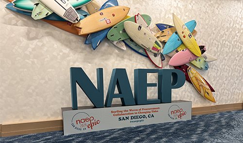 surfboards with NAEP letters and the conference theme of Surfing the waves of procurement collaboration in changing times